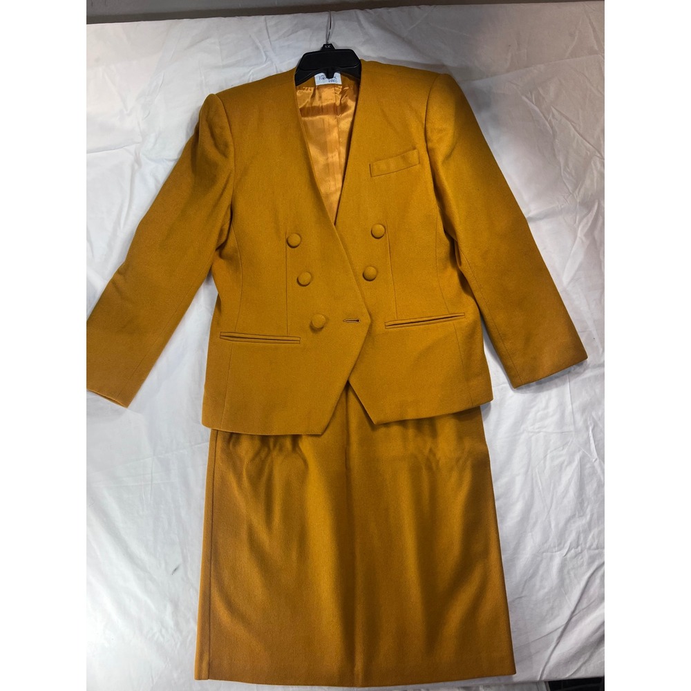 Vintage Fundamental Things Mustard Yellow 100% Wool Skirt Suit Petites Size 14